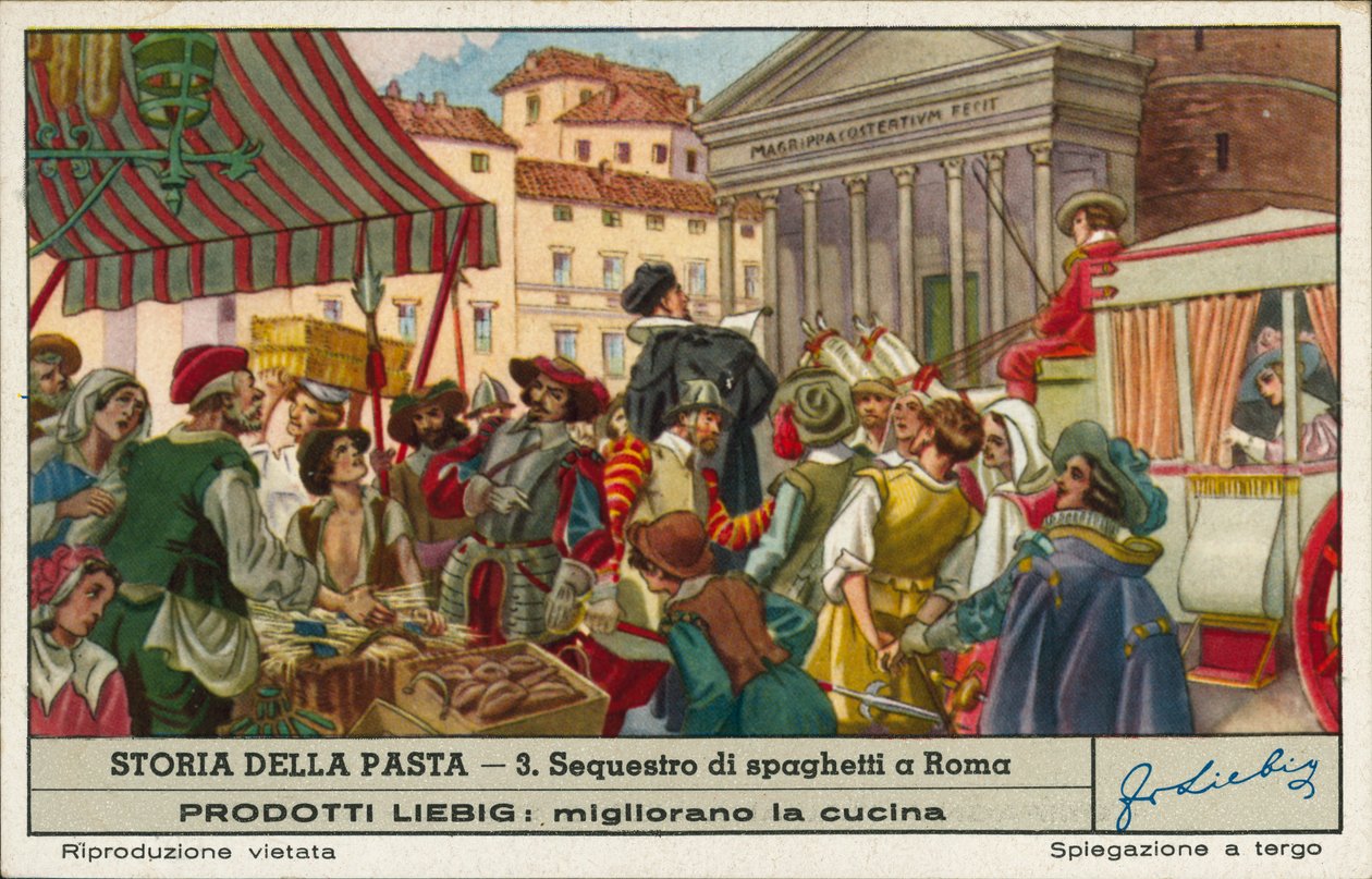 Zabavení nelegálně obchodovaných špaget, Řím (chromolitho) od European School