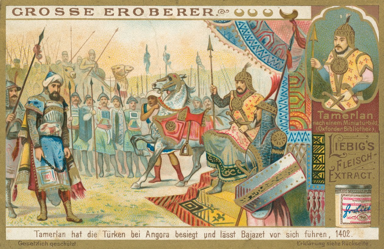 Tamburlaine dobývá Bajazeth, Liebigova karta, počátek 20. století (chromo) od European School