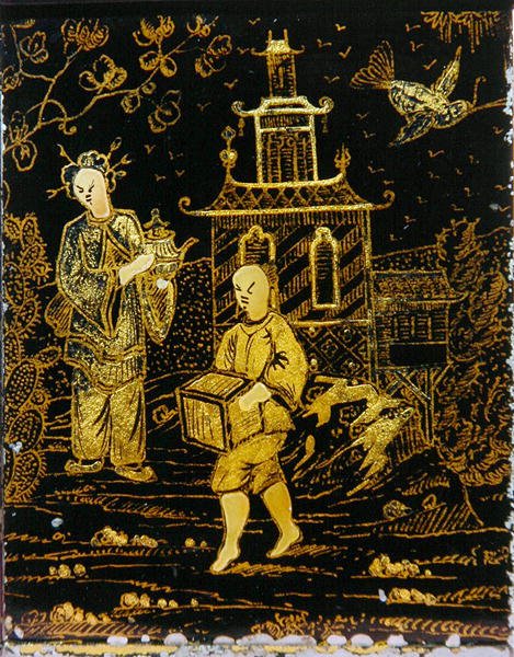 Tea Caddy na čínský způsob zobrazující vrátného a dámu nesoucí konvici (kov) od European School