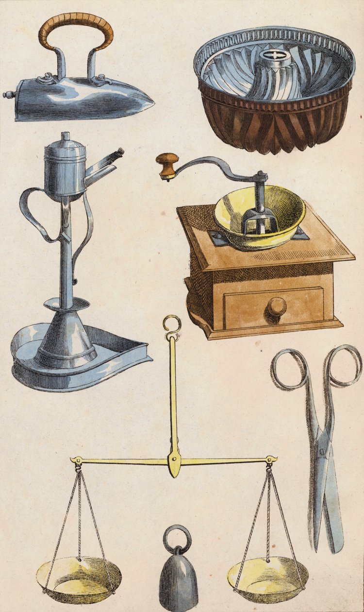 Nástroje používané v domácnosti (barevná litografie) od European School