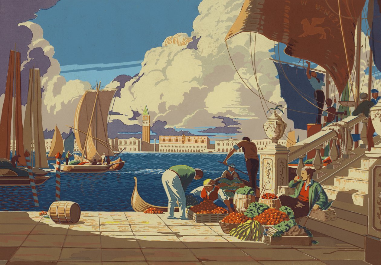 Benátky, pohled přes lagunu na San Marco (barevná litografie) od European School
