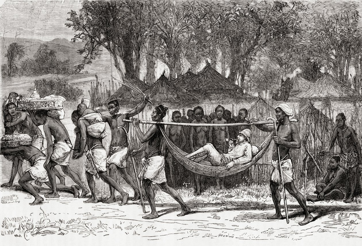 Verney Lovett Cameron přijíždějící do vesnice Oulonnda, Afrika, 1878 (dřevoryt) od European School