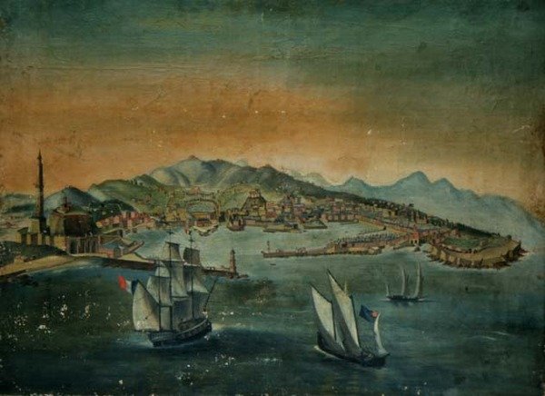 Pohled na přístav s majákem na ostrohu, cca 1800 od European School