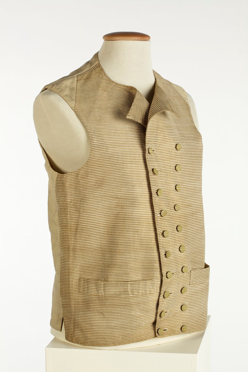 Vesta z tkaného hedvábí s jemnými zlatými, krémovými a oranžovými pruhy, cca 1780-90 (hedvábí) od European School