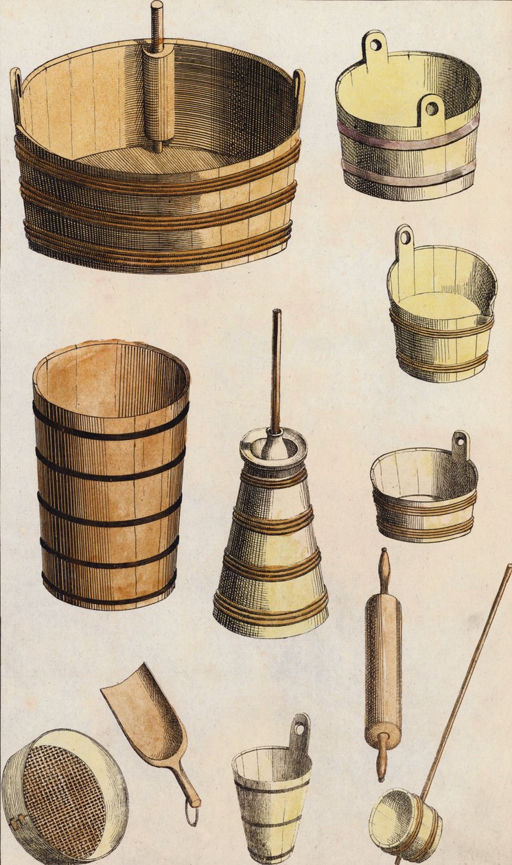 Dřevěné nástroje a nádoby (barevná litografie) od European School