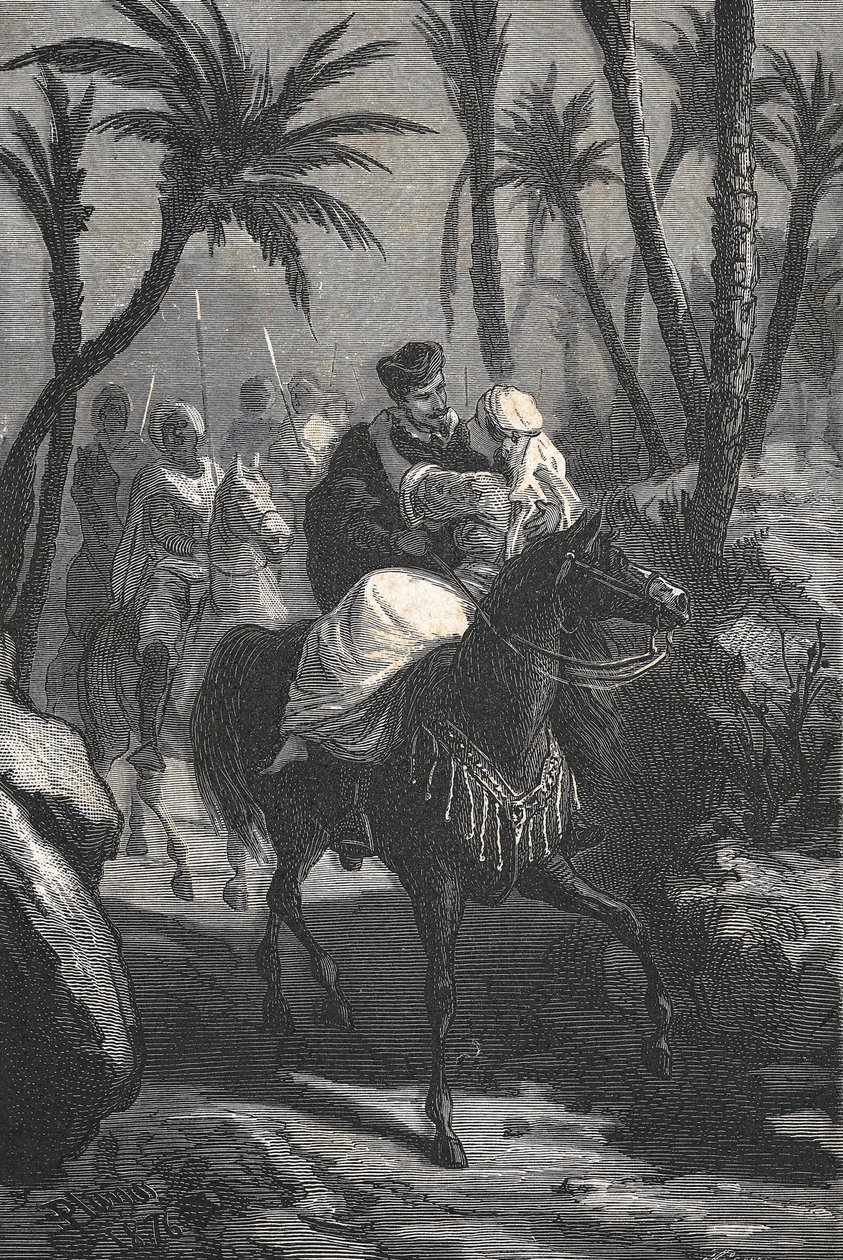 Cervantes jede na koni se ženou v oáze od Eusebio Planas