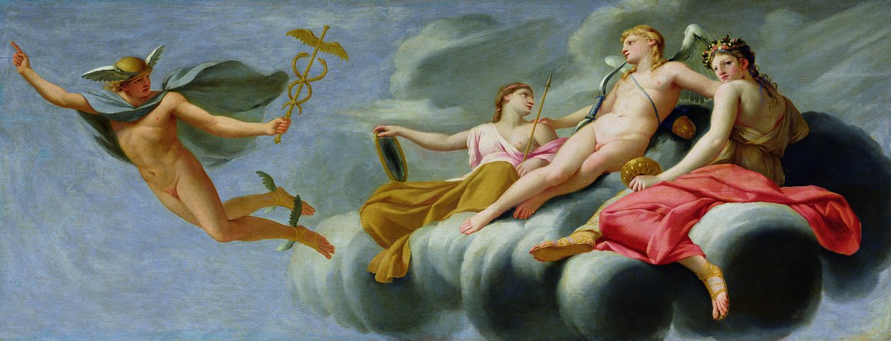 Amor nařizuje Merkurovi, poslu bohů, aby vesmíru oznámil Sílu lásky, 1646-47 od Eustache Le Sueur