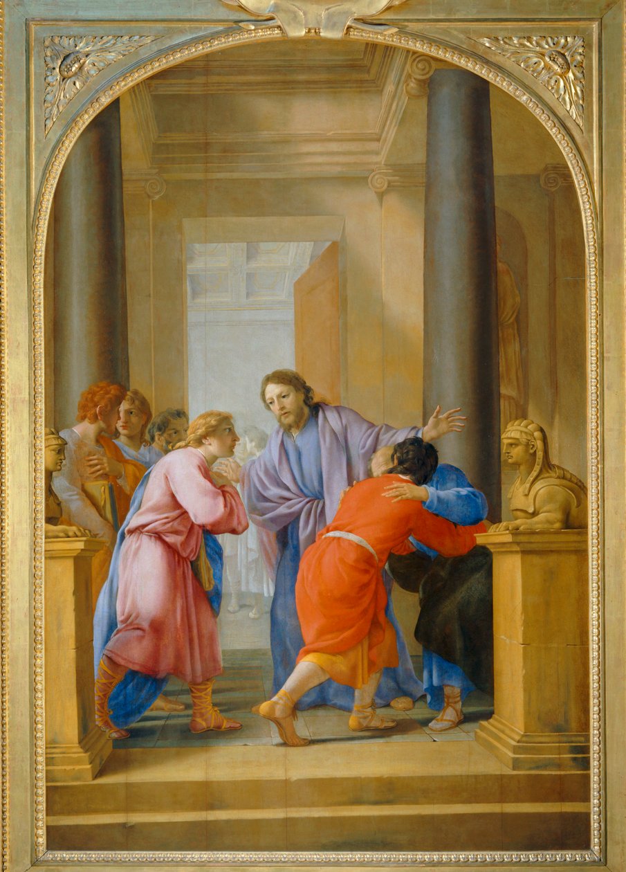 Saint Bruno engage ses disciples et ses amis à quitter le monde - Svatý Bruno vyzývá své žáky a přátele, aby opustili svět ... od Eustache (studio of) Le Sueur