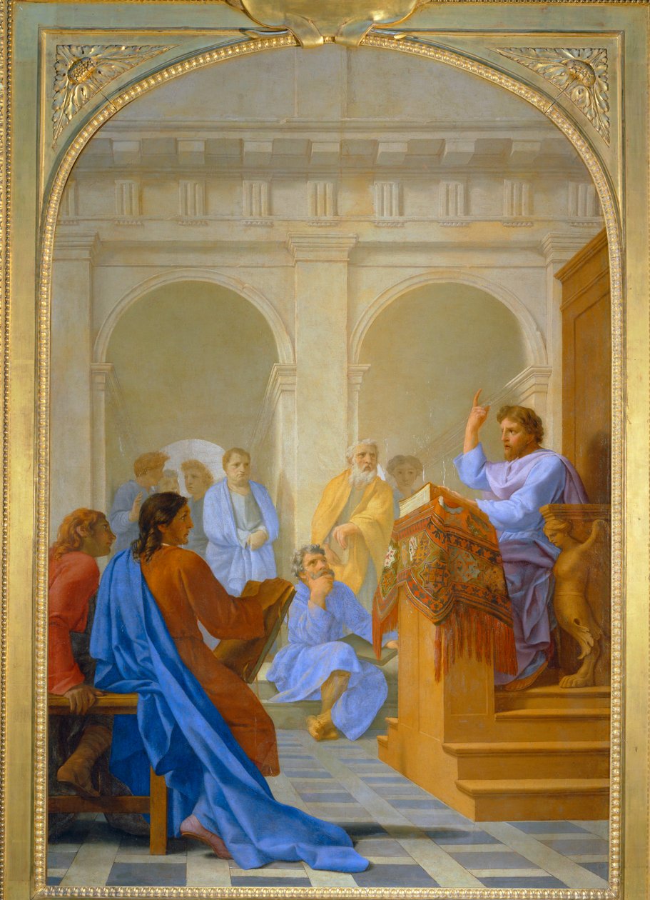 Saint Bruno enseigne la theologie dans les ecoles de Reims - Svatý Bruno vyučuje teologii na školách v Remeši ... od Eustache (studio of) Le Sueur