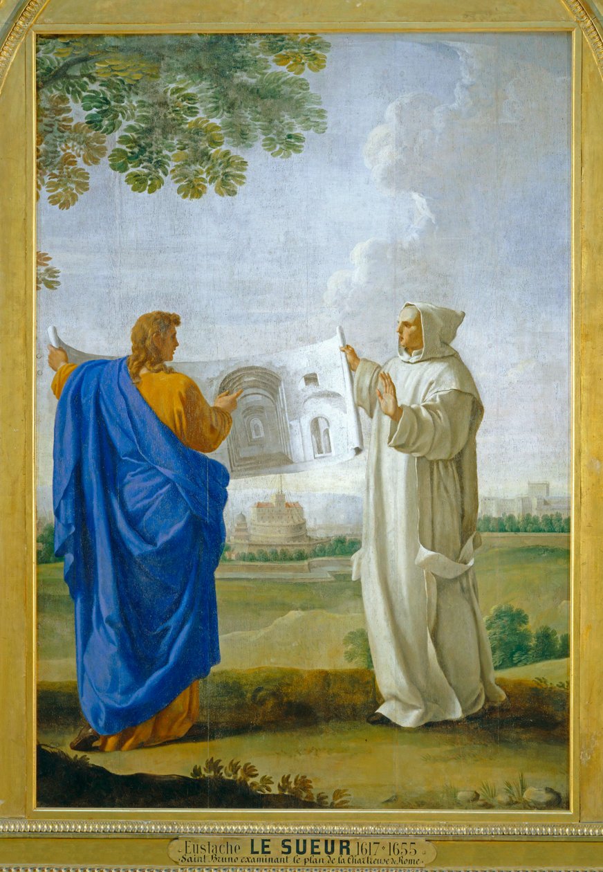Svatý Bruno zkoumá kresbu termálních lázní Diocletien, budoucího místa římské charty ... od Eustache (studio of) Le Sueur