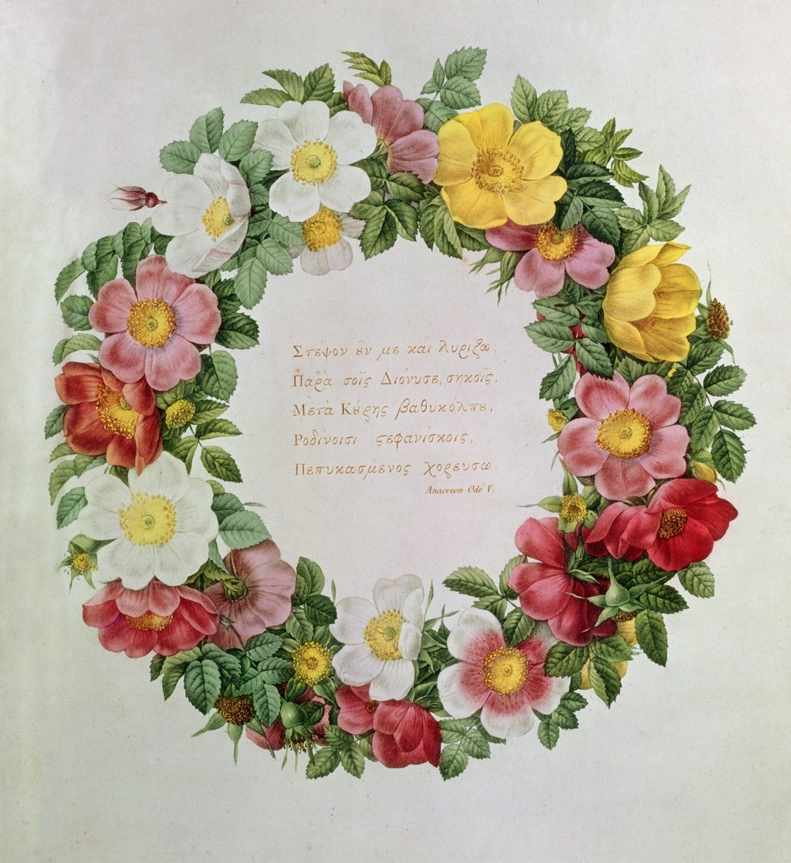 Claude-Antoine Thory Les roses, Frontispiece: Garland s epigrafem Ódy V od řeckého básníka Anacreona, 1817 (litografie) od Eustache Hyacinthe Langlois
