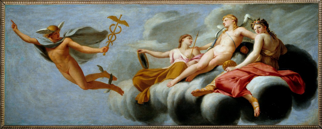 Cupid nařídí Merkurovi, aby oznámil svou moc vesmíru Hermes ztratil svůj atribut. Obraz Eustache Le Sueur (1617-1655) 1646 Ne. 1x2,5m. od Eustache Le Sueur