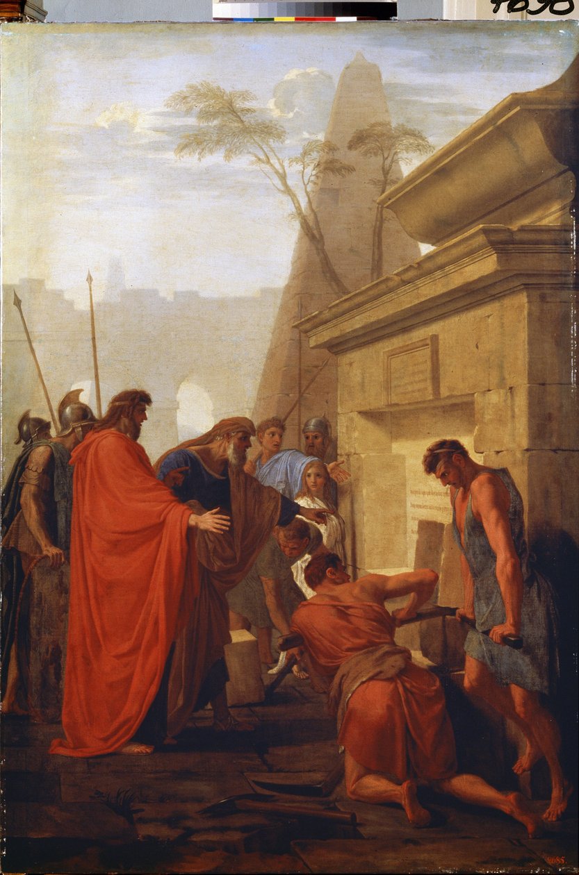 ""Darius otevírá hrobku Nitocris"" (Darius Hystaspes otevírá hrobku Nitocris) Král Persie Darius I. Veliký (5. století př. n. l.) otevírá hrobku babylonské královny Nitocris, která na jeho hrobce udělala hrob že jeho nástupce od Eustache Le Sueur