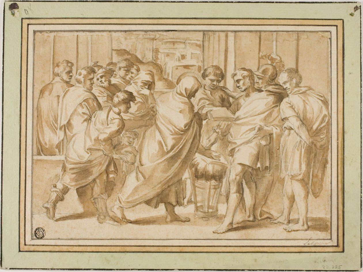 Scéna z římské historie se zahalenou postavou předkládající knihu vládci od Eustache Le Sueur