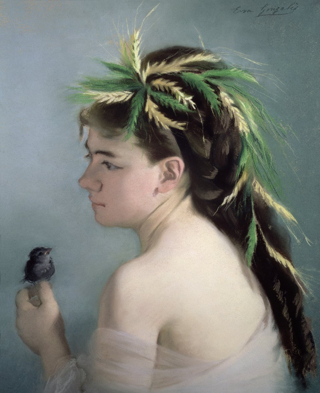 Portrét dívky držící vrabce (pastel) od Eva Gonzalès
