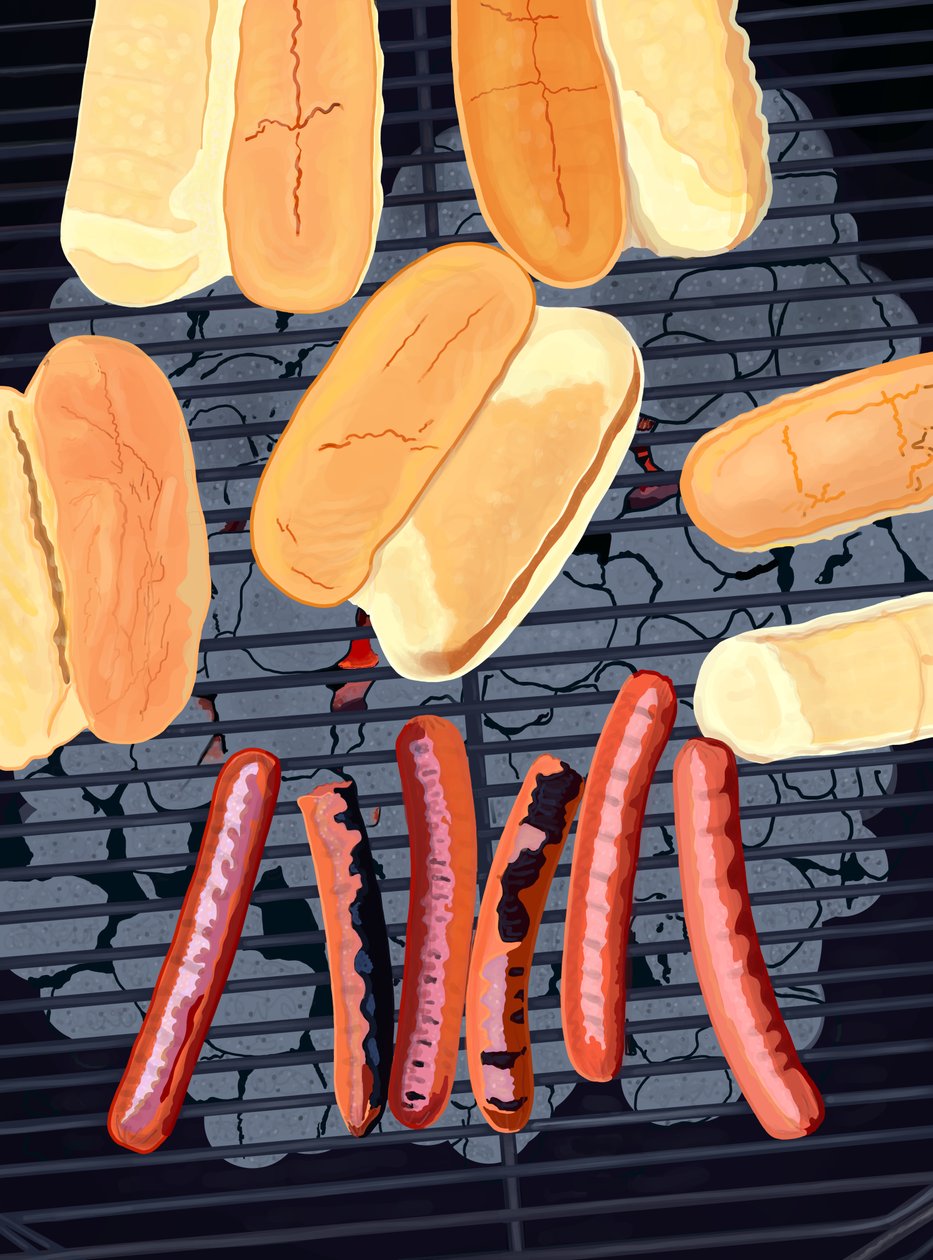 6 hot dogů na grilu, jižní strana Streefu (digitální umění) od Evan Sklar