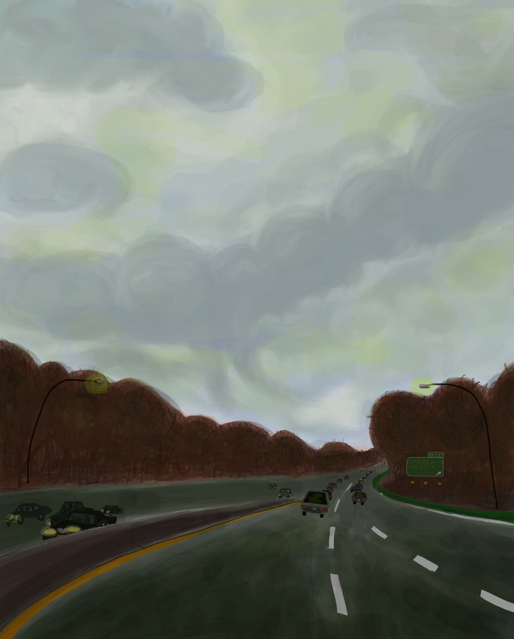 Jízda po dálnici Long Island Expressway, 2017 (nakresleno ručně tužkou Apple na iPadu) od Evan Sklar