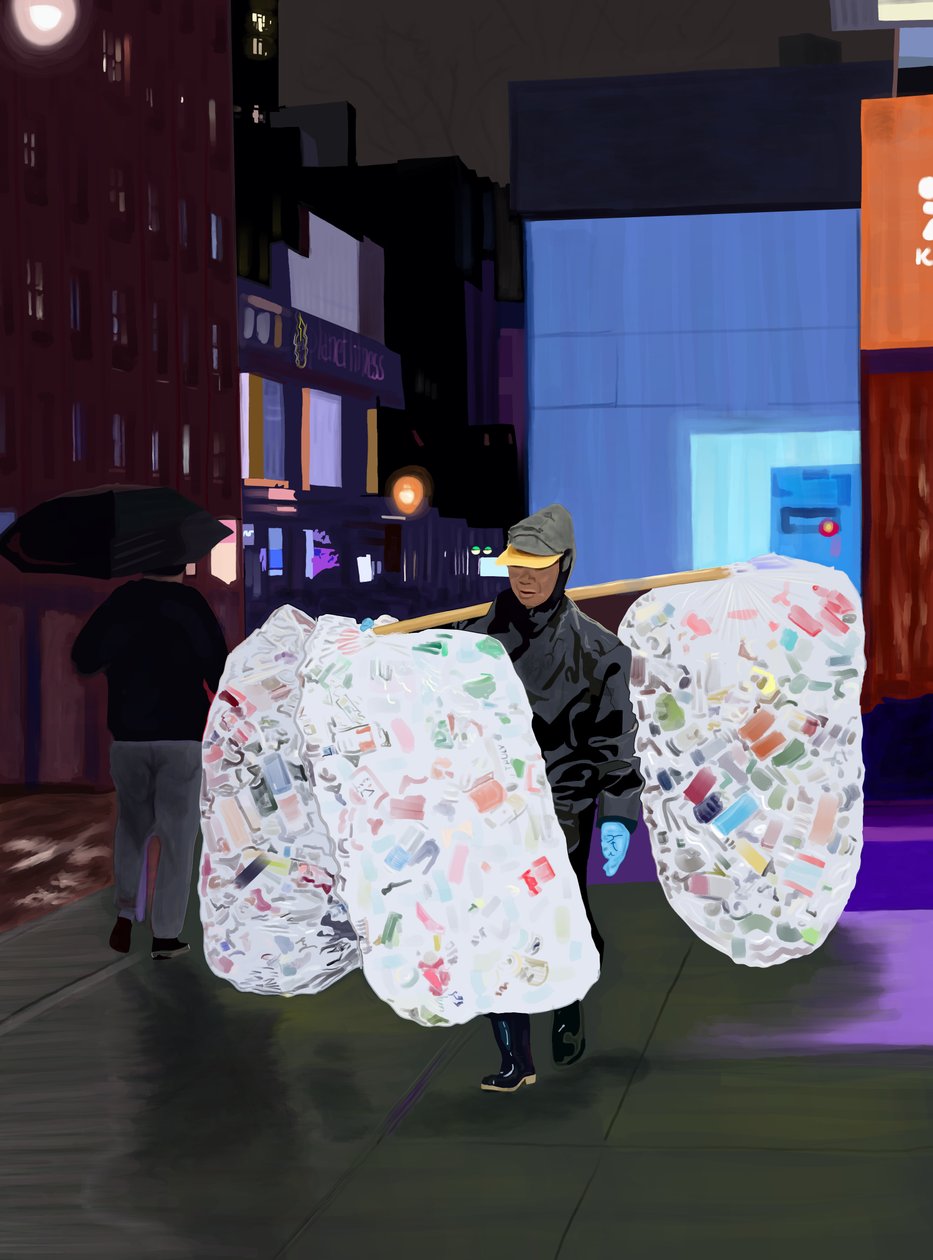 Muž sbírající plechovky v noci, 2025 (digitální umění) od Evan Sklar