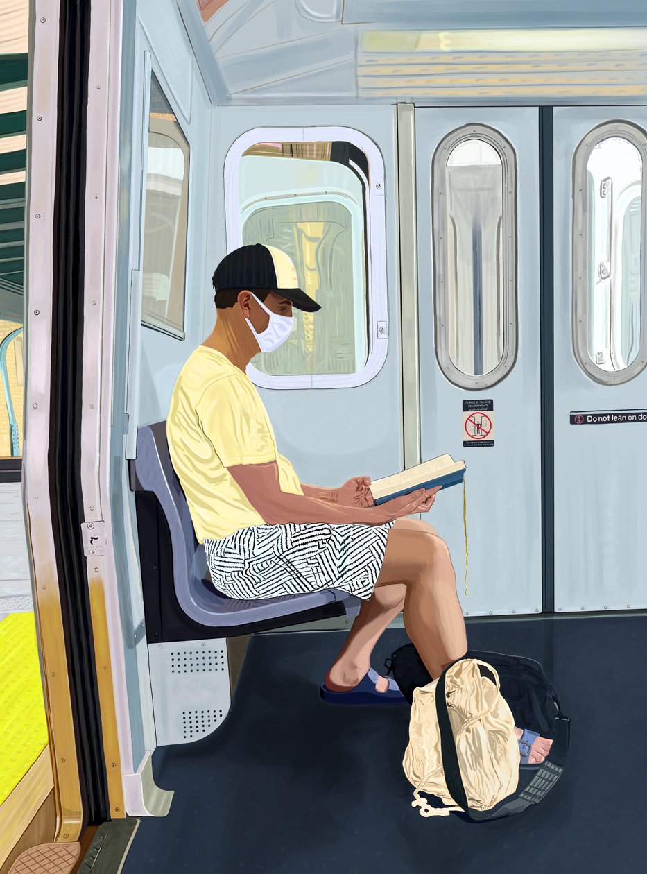 Muž ve svlečených šortkách čtoucí knihu v metru, cca 2020-24 (digitální umění) od Evan Sklar