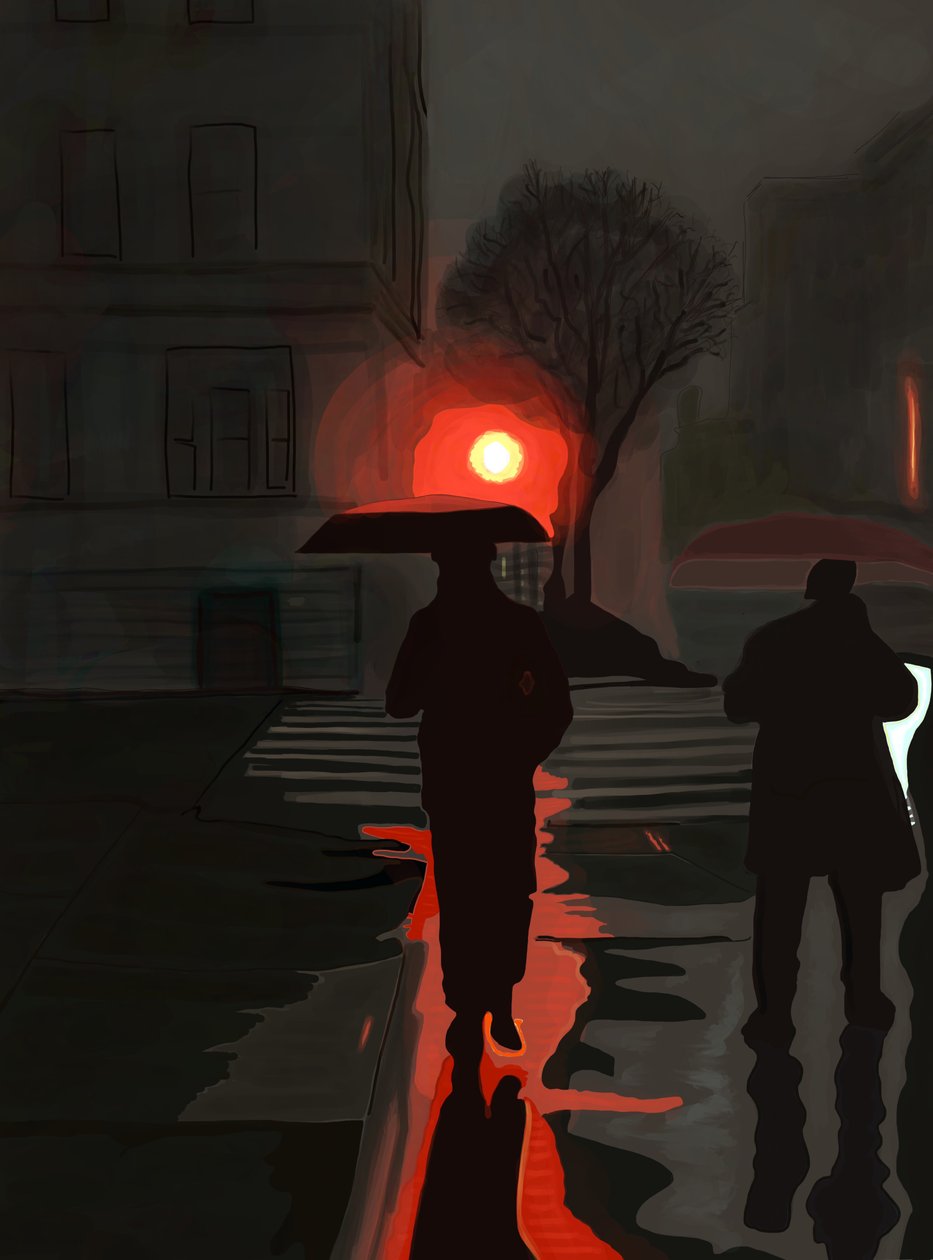 Muž jdoucí v dešti v noci (digitální umění) od Evan Sklar