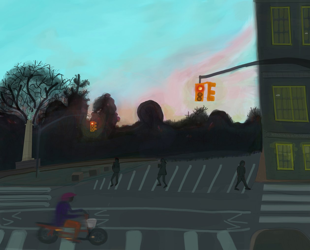 Oranžový skútr,Grand Army Plaza, Brooklyn, 2016 (nakresleno ručně tužkou Apple na iPadu) od Evan Sklar