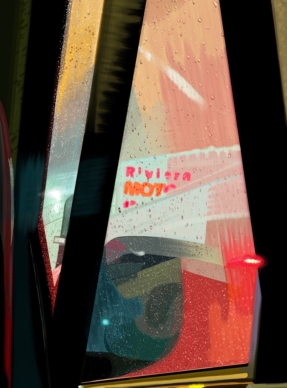 Nápis Rivera Motel při pohledu z auta za deštivé noci (digitální umění) od Evan Sklar