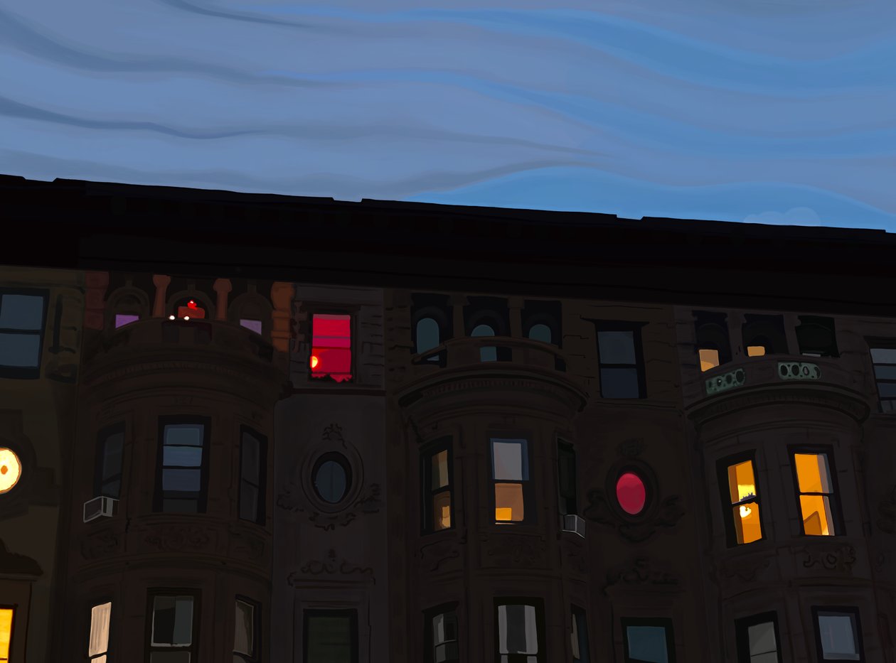 Řadové domy s barevnými a osvětlenými okny, Brooklyn (digitální umění) od Evan Sklar