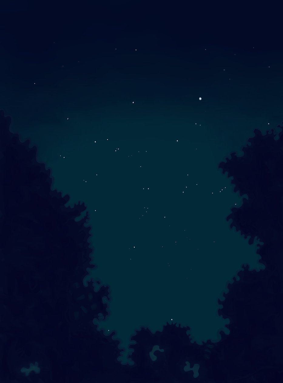 Hvězdy na noční obloze a obrys stromů. (digitální umění) od Evan Sklar