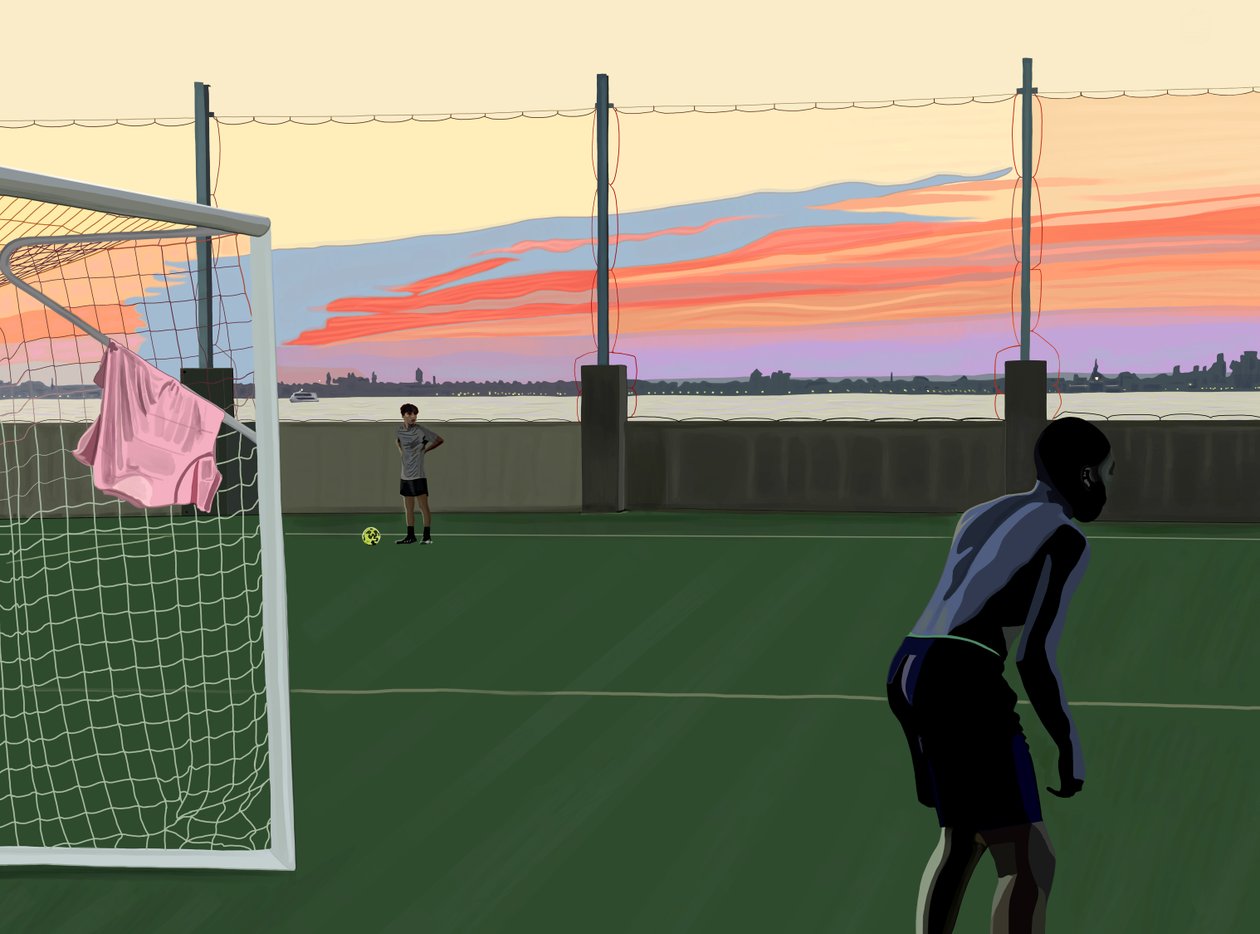 Mládežnický fotbal v parku Brooklyn Bridge (digitální umění) od Evan Sklar