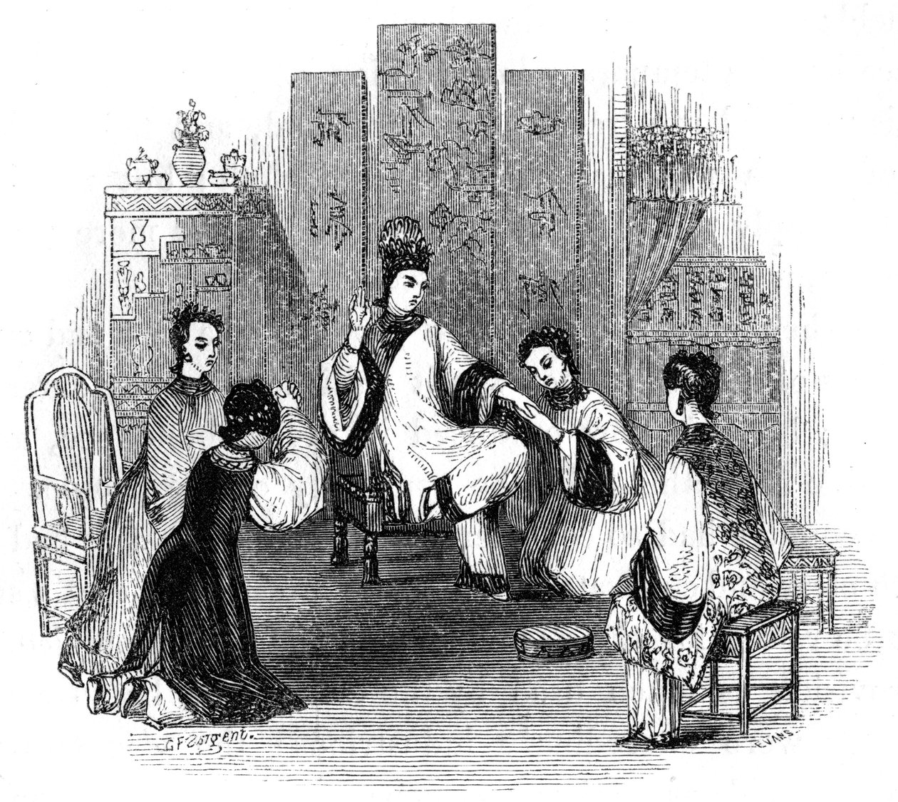 Čínské dívky plačící s nevěstou, 1847 od Evans
