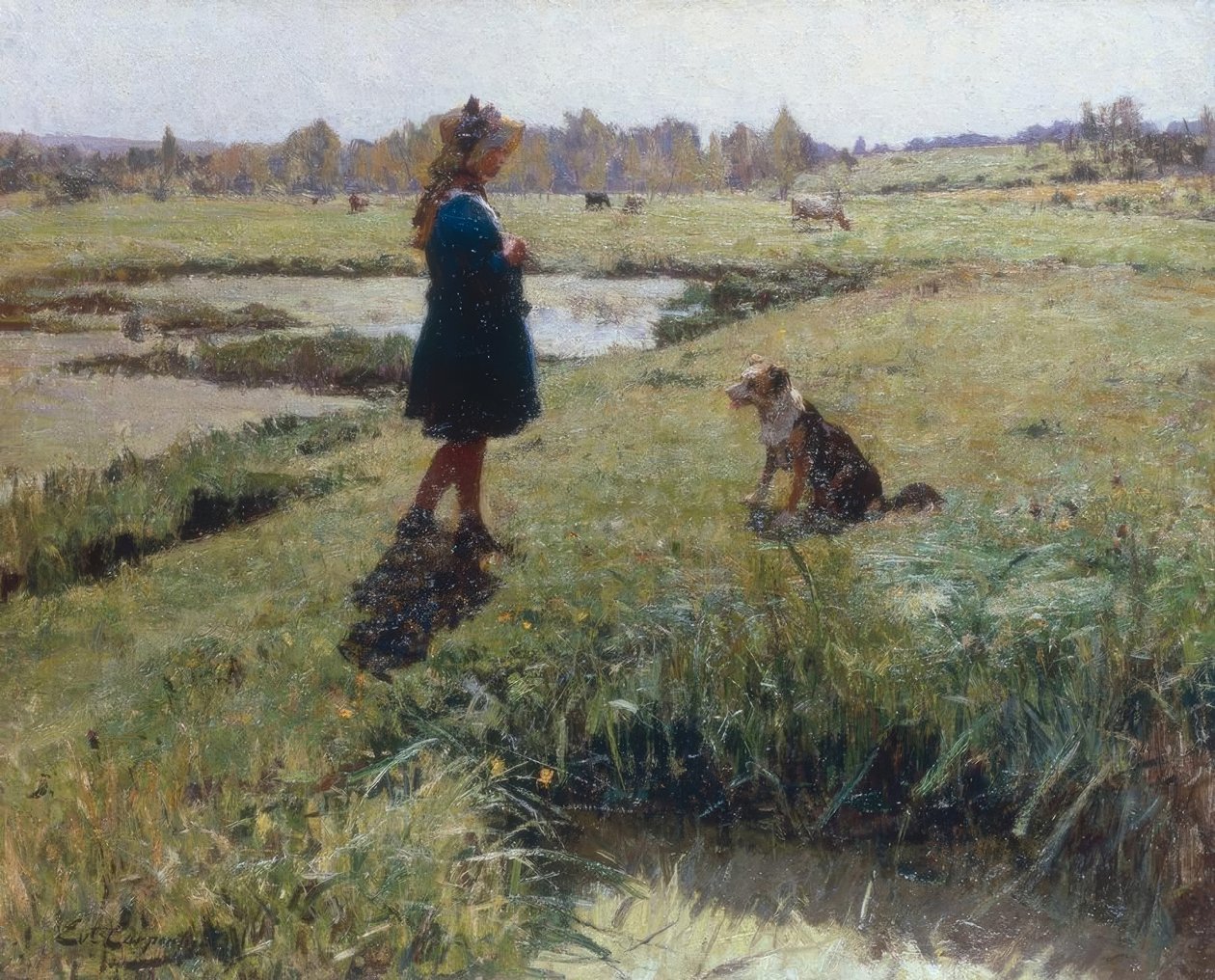 Mladá dívka a její pes na louce od Evariste Carpentier