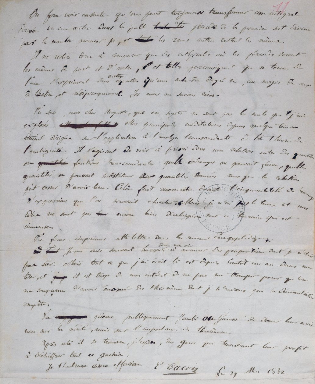 Ms 2108 fol. 11r Dopis od Gallois Auguste Chevalierovi, 29. května 1832 od Evariste Gallois