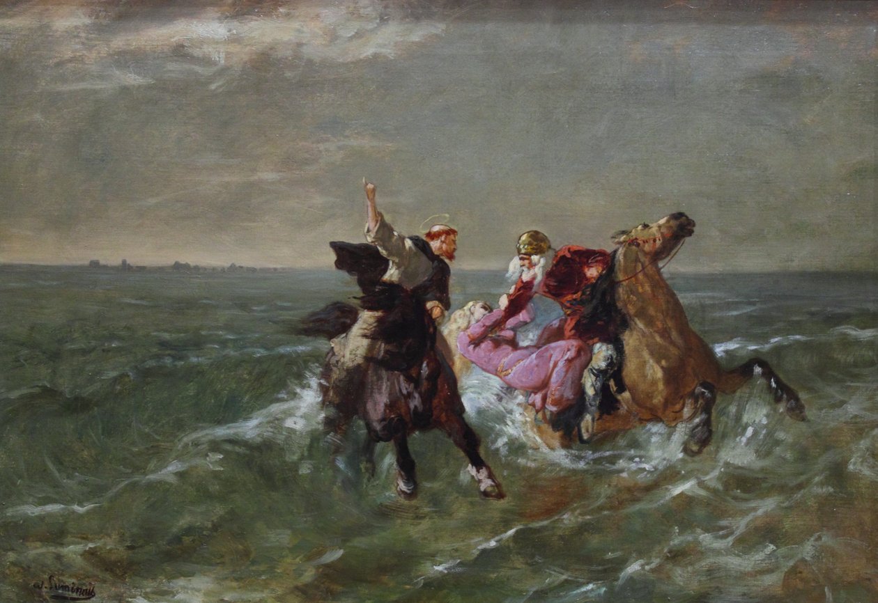 Francouzsky: La chevauchée de saint Guénolé et du Roi Gradlon Útěk svatého Guénolé a krále Gradlona od Evariste Vital Luminais