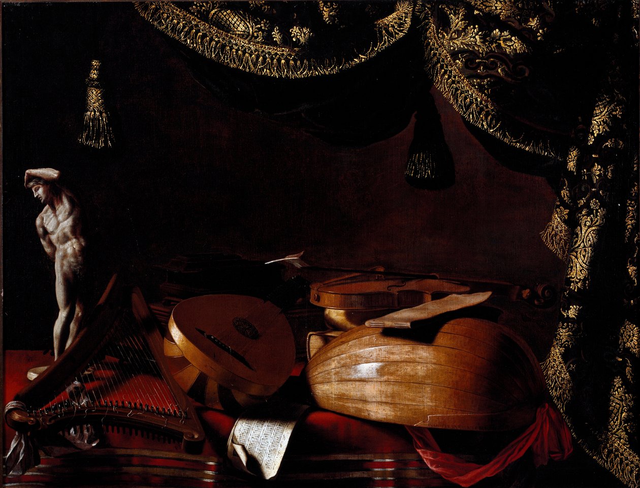 Zátiší s hudebními nástroji Malba Evaristy Baschenise (1617-1677) 17. stol. Bergamo, Accademia Carrara, Itálie od Evaristo Baschenis
