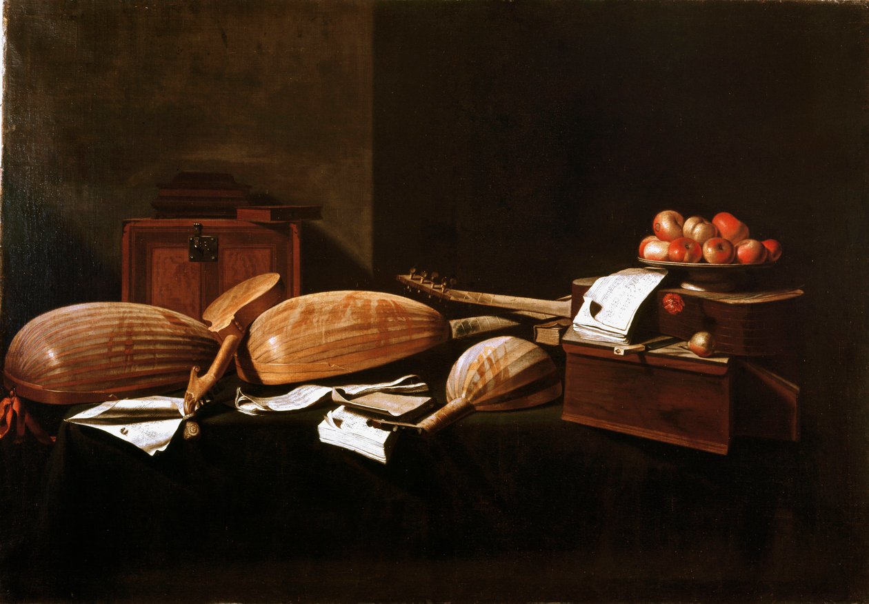 Zátiší Peches a hudební nástroje. Obraz Evaristo Baschenis (1617-1677) Bergamo 17. století, soukromá sbírka od Evaristo Baschenis