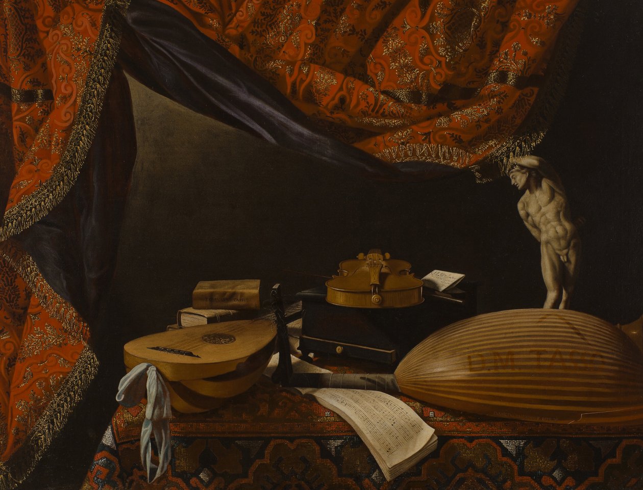 Zátiší s hudebními nástroji, knihami a sochami, c. 1650 od Evaristo Baschenis