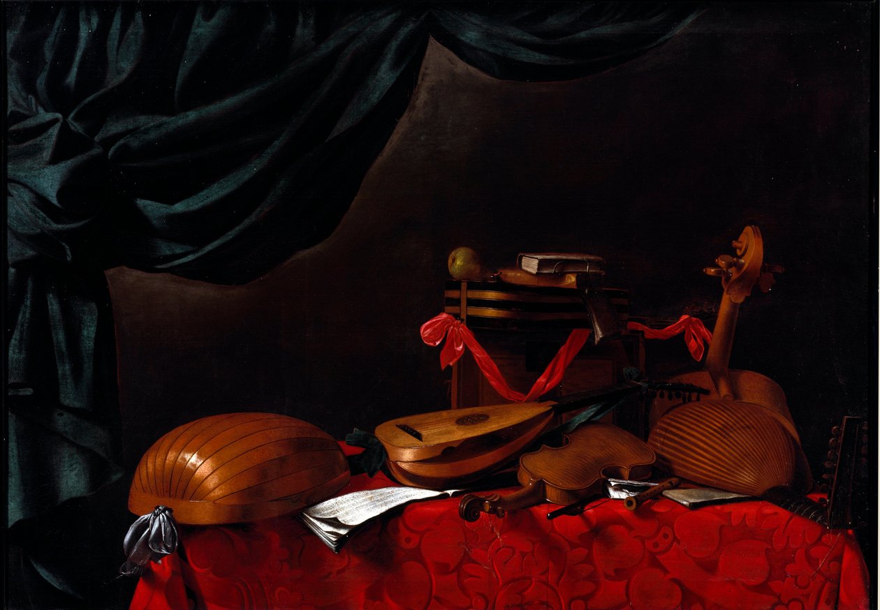 Zátiší s hudebními nástroji a hruškou Obraz Evaristy Baschenise (1617-1677) 17. století. Bergamo, Accademia Carrara, Itálie od Evaristo Baschenis