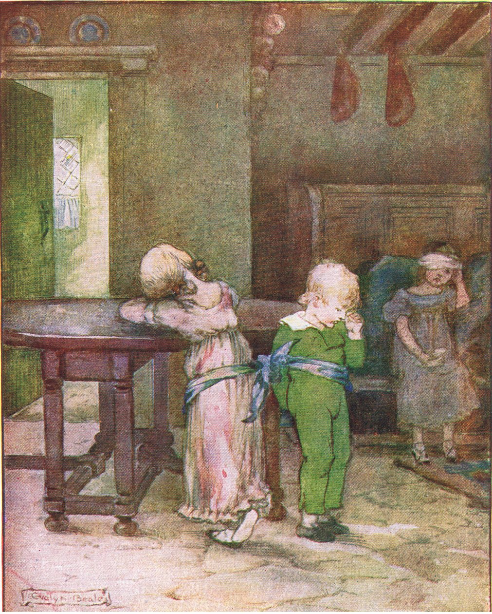 Vzala jeho modrý kapesníček a přivázala Lucy a Henryho ke stolu (z příběhu Nešťastný den), ilustrace z knihy A Staircase of Stories vydané nakladatelstvím Thomas Nelson & Sons Ltd 40. léta (barva od Evelyn Beale