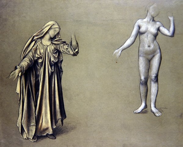 Studie zahalené postavy s doprovodným aktem (barevné křídy na papíře) od Evelyn De Morgan