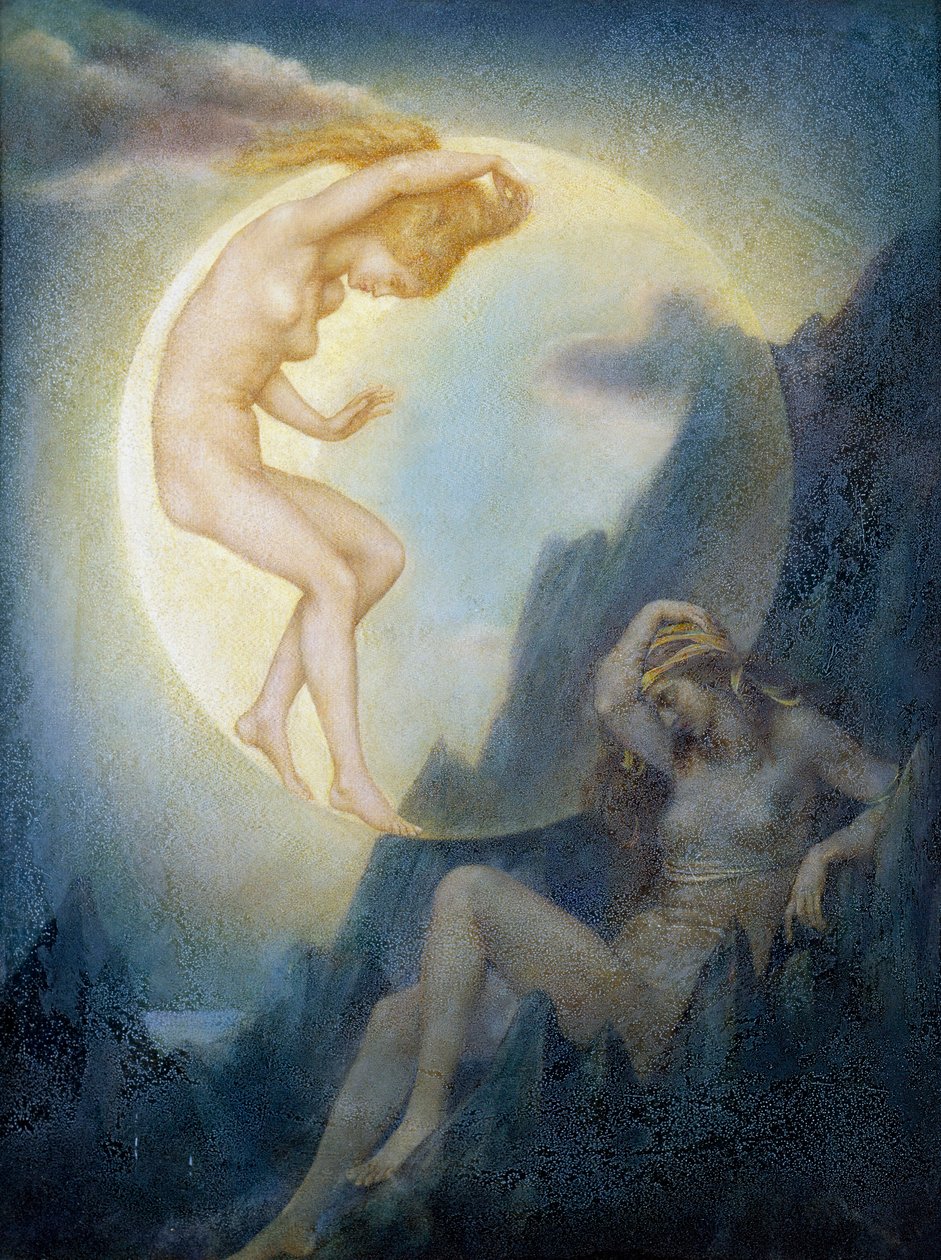 Symbolisme : "La Terre endormie et la Lune se reveillant" (Spící Země a probouzející se Měsíc) Peinture de Evelyn De Morgan (1855-1919) (pre-raphaelite) Collection privee od Evelyn De Morgan