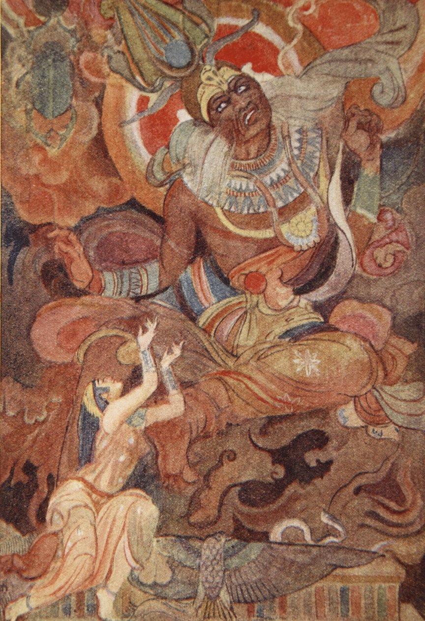 Isis vykouzlila Ra, aby řekl své jméno, ilustrace z „Mýtů starověkého Egypta“ od Lewise Spence od Evelyn Paul