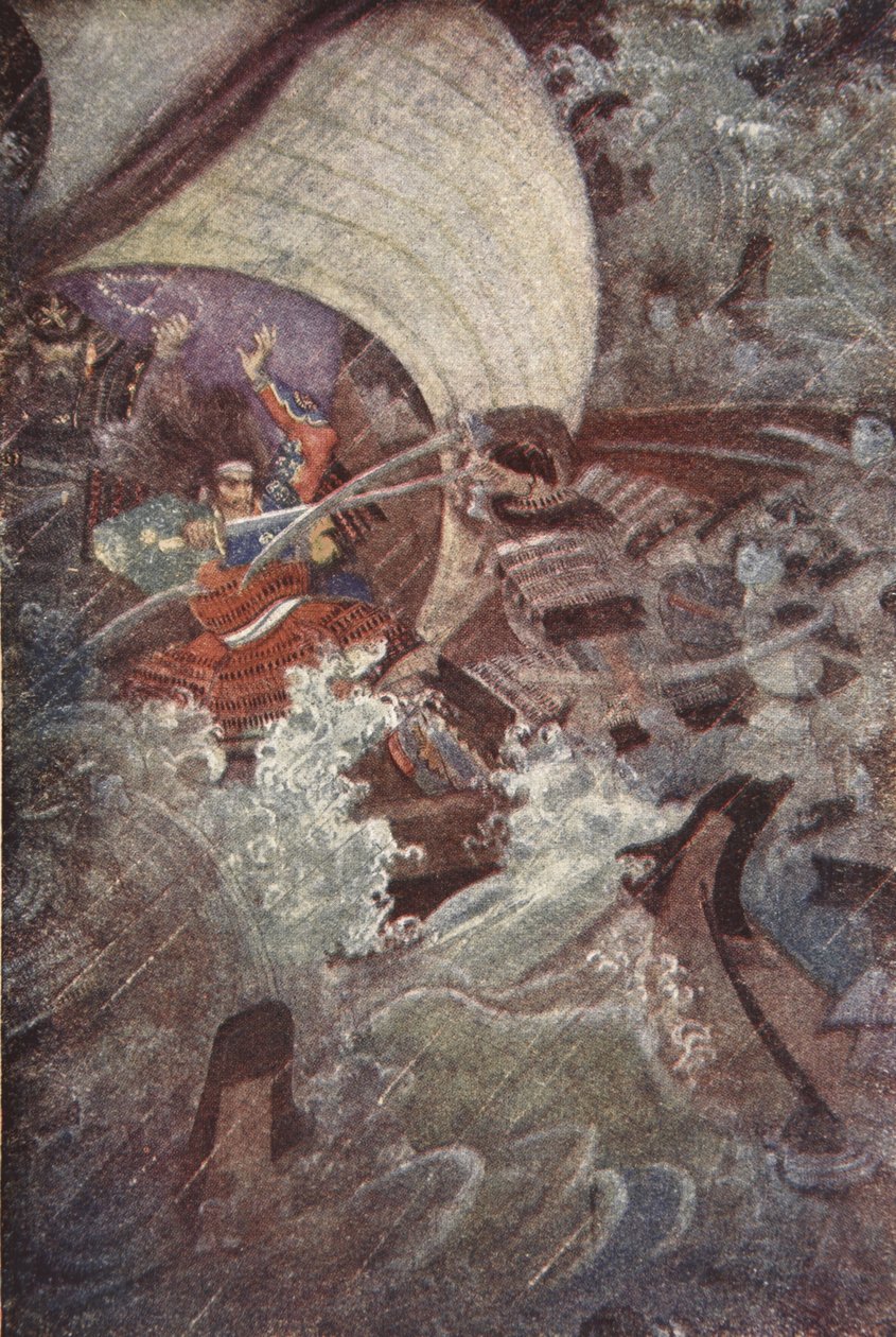 Yoshitsune a Benkei napadeni strašidelnou společností klanu Taira, ilustrace z 