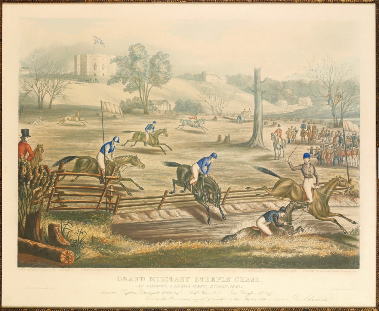 Grand Military Steeple Chase, v Londýně, Canada West, 9. května, 1843, vyryl J. Harris, 1845 od Evelyne Marie Alexander