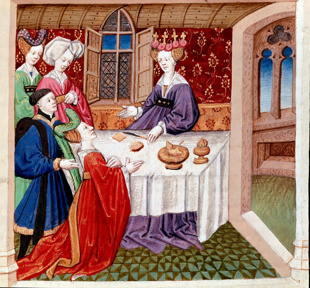 Iseult (nebo Iseult) prosí o ochranu královnu Guenevre sedící u jejího stolu. Miniatura převzatá z románu „Romanesque du Chevalier Tristan et de la reine Yseult““ od Gassiena de Poitiers osvětlená Everardem de Espinques (Evrard d
