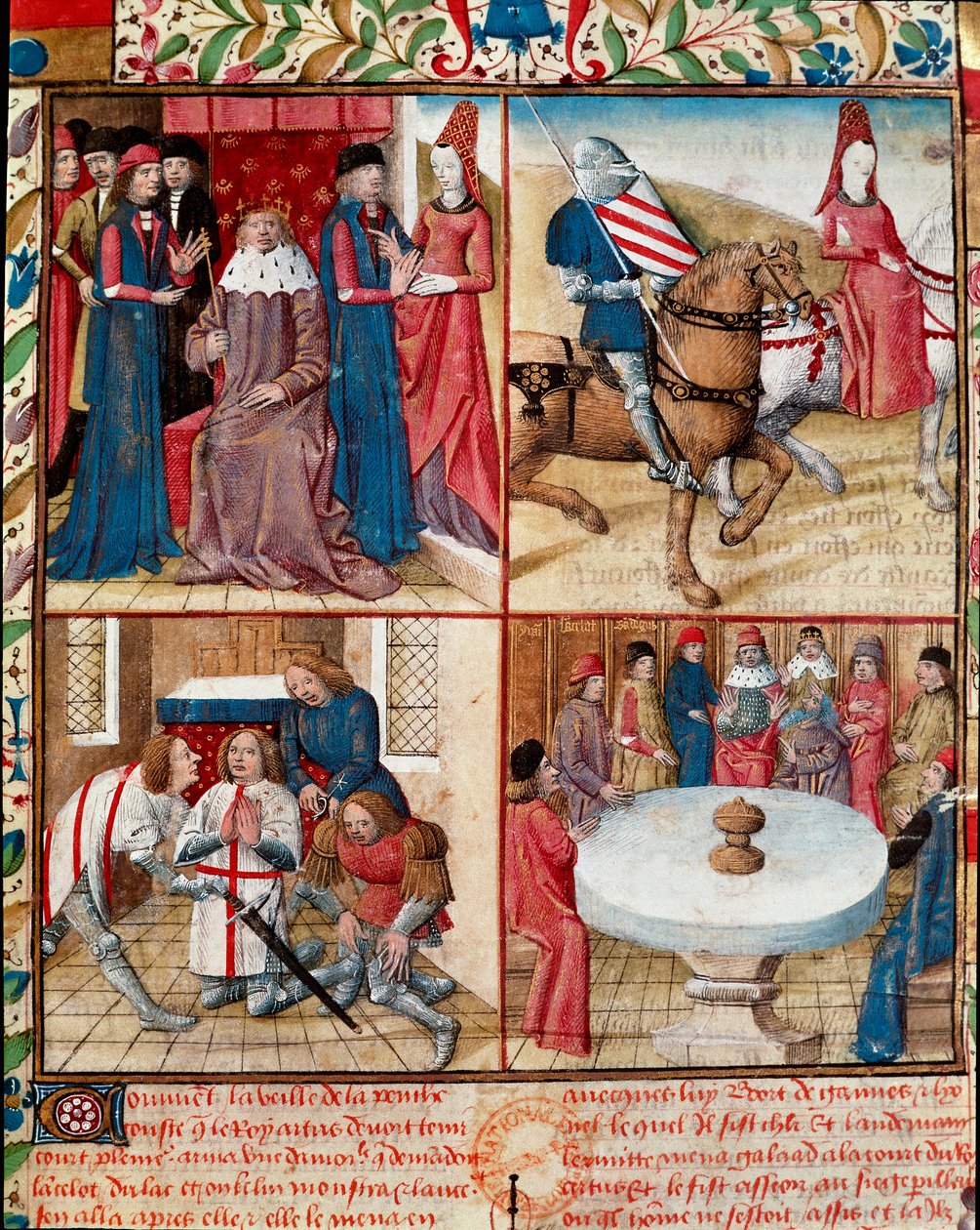 Král Artuš drží dvůr, Lancelot vedený dámou do opatství, změkčující z Galahad (Gaalad nebo Galaad) do opatství a rytíři kulatého stolu kolem Svatého grálu Rukopis strana „“Říma rytíře Tristana a královny Yseult“ od Gassien de P od Everard de Espinques