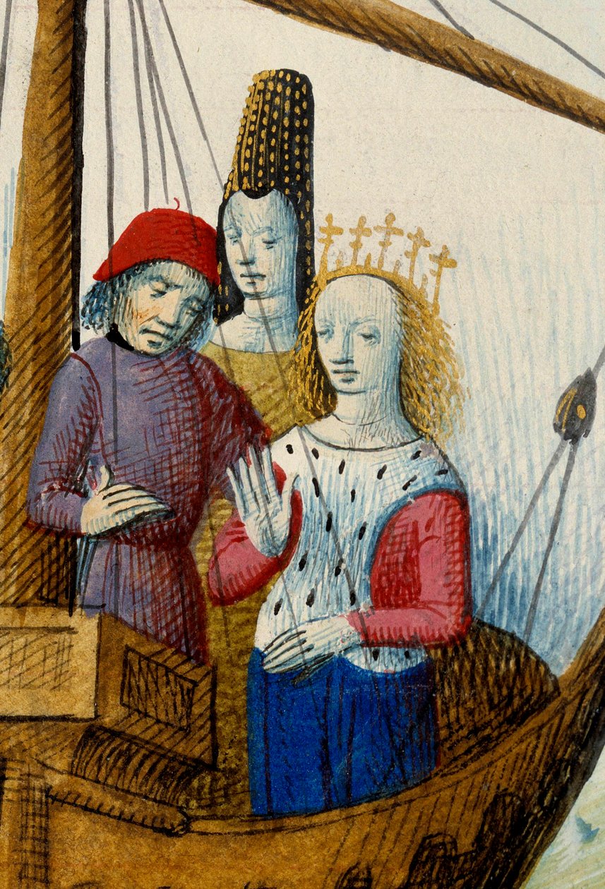 Královna Iseult (Iseult) z Tristanu a nalodili se do království Miniatury Logres převzaté z „“Románského du Chevalier Tristan a Queen Yseult““ od Gassien de Poitiers osvícené Everardem de Espinques (Evrard d