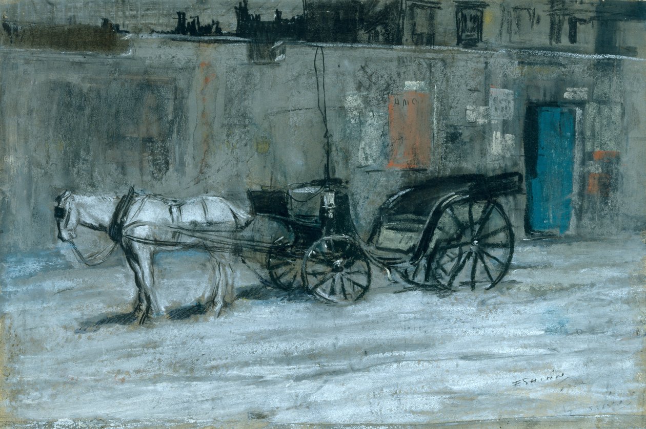 Paříž, Kůň a kočár, asi 1900-05 (uhel, křída a pastel na kartonu) od Everett Shinn