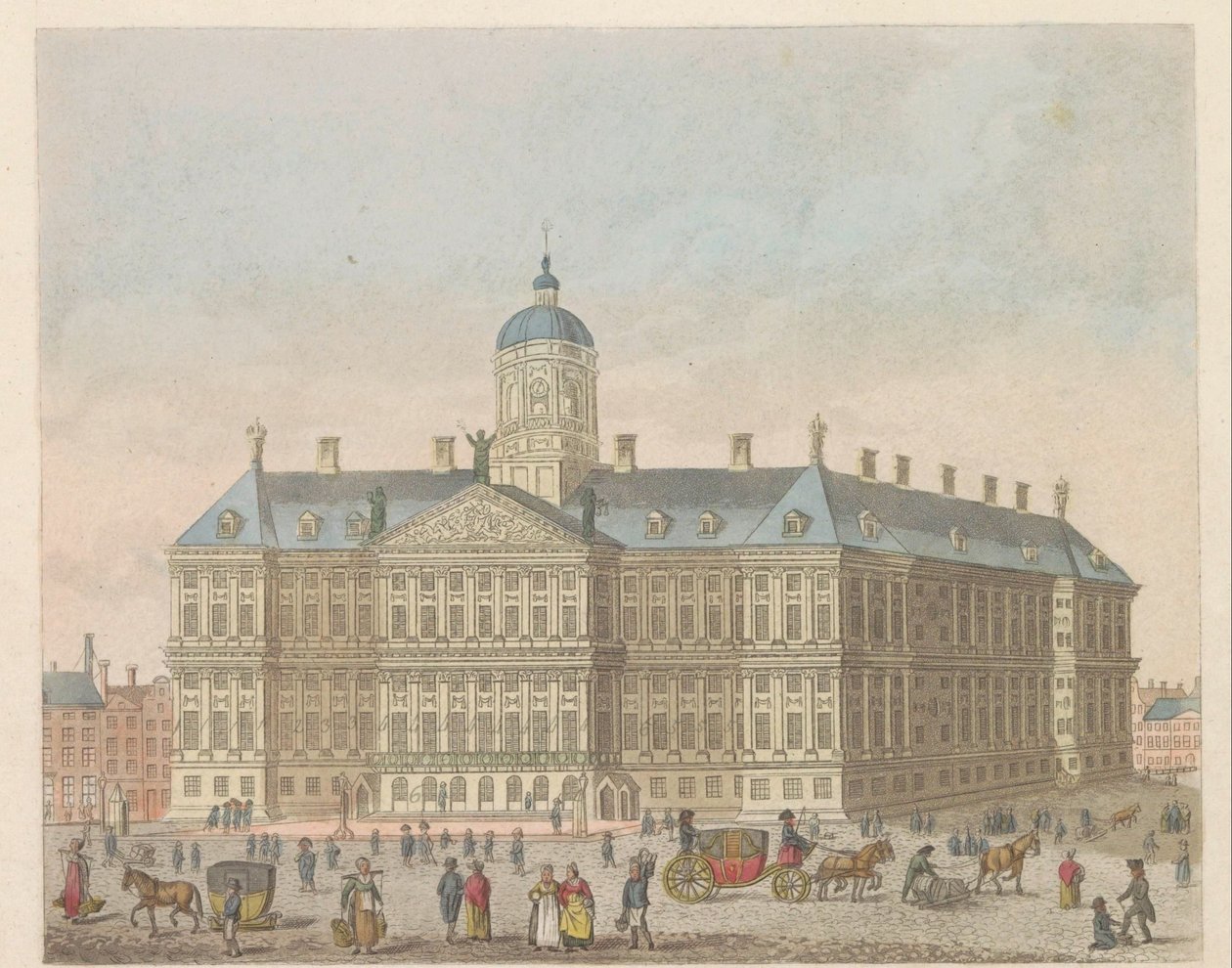 Královský palác na náměstí Dam, asi 1810-1813 Vue du Palais Roijal, et de la Place le Dam (název na objektu) od Evert Maaskamp