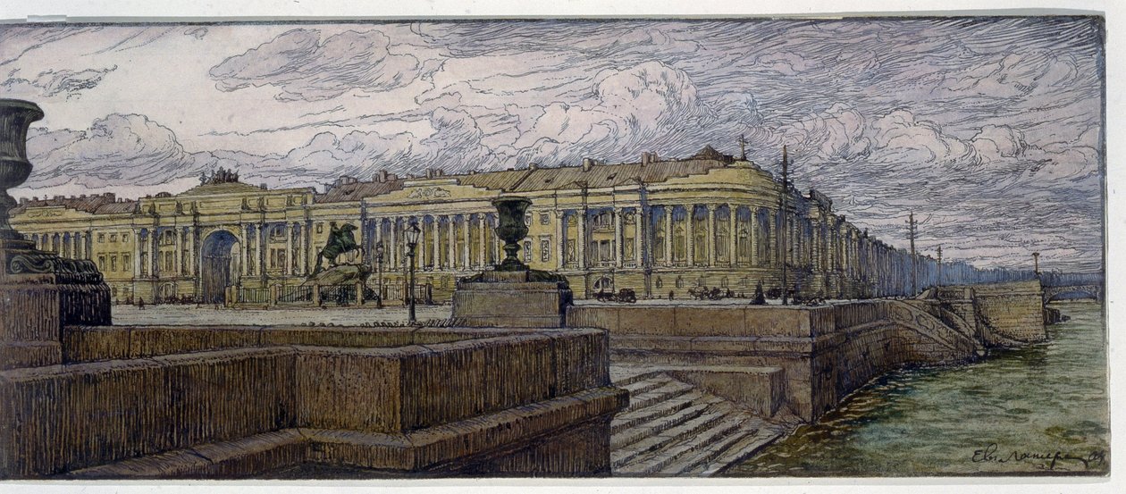 Místo Senátu v Petrohradu. Popis budov na břehu Něvy. Práce Evgeny Evgenyevich Lanceray (Eugene Lansere) (1875-1946), litografie od Evgeni Evgenievitch Lanceray