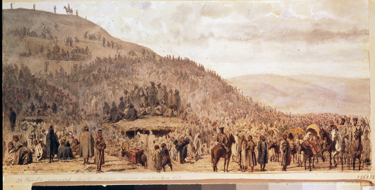 Zajetí armády Osmana Paši (1837-1900) v Plevenu (Plevna) (Bulharsko). (Zajetí armády Osmana Paši v Plevenu). Epizoda rusko-turecké války (1877-1878). Dílo Jevgenije Kirilloviče Makarova (1842-1884), akvarel na papíře od Evgeni Kirillovich Makarov